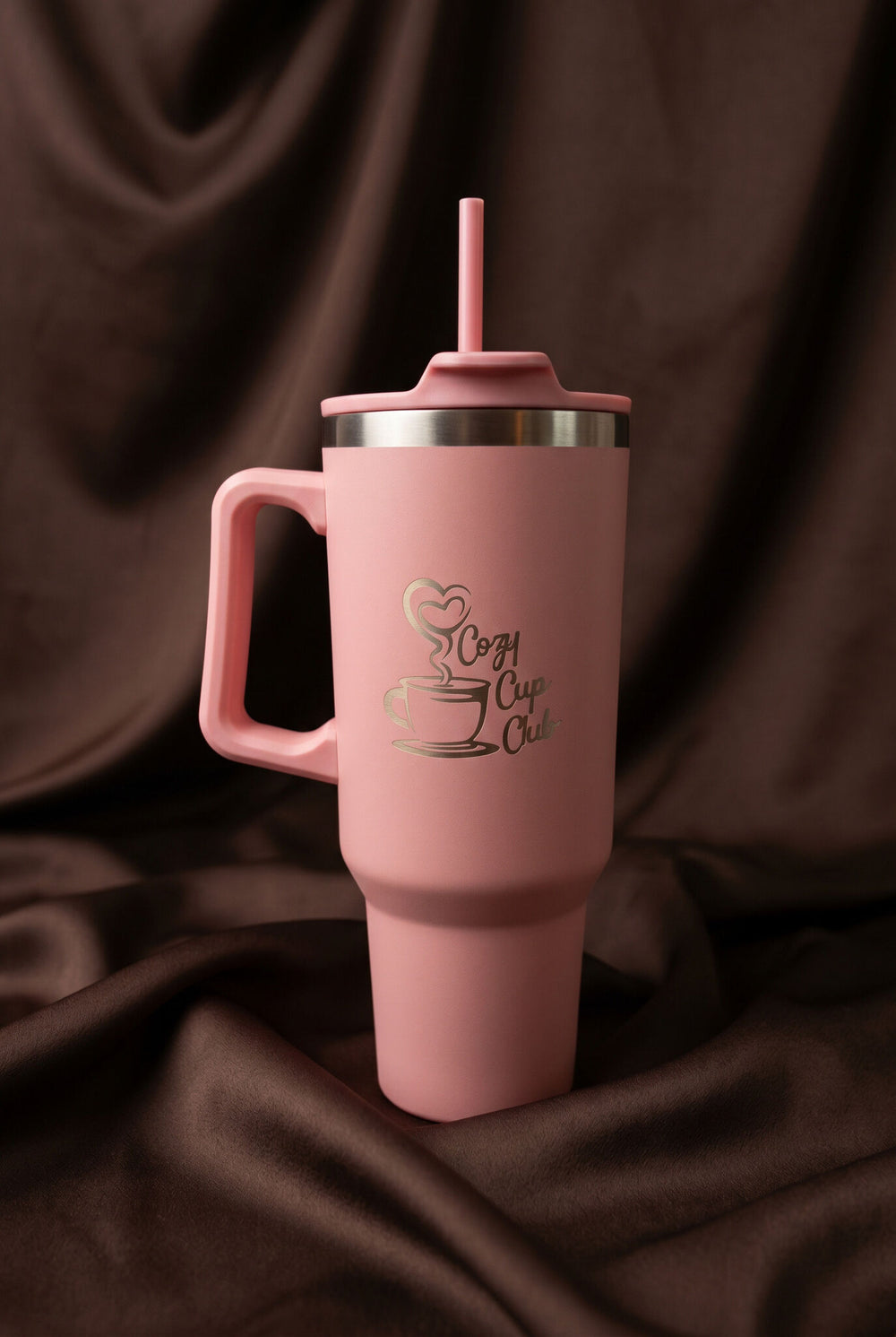 Custom pink 40oz engraved tumbler with handle and straw