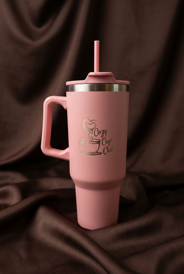 Custom pink 40oz engraved tumbler with handle and straw